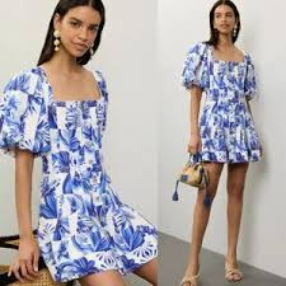 Caroline Constas off white blue linen blend Garden tile Farm mini dress size 6